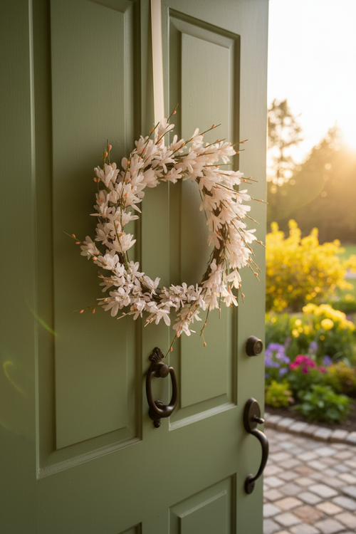 White Blossom Wreath on Sage Green Door